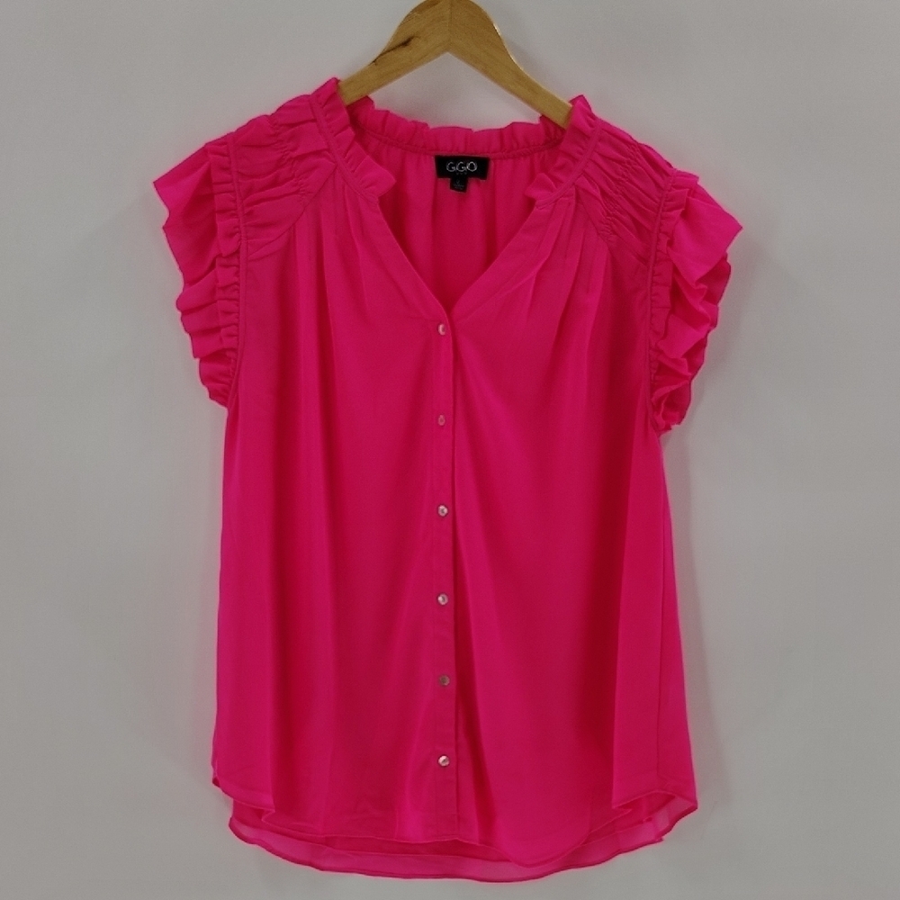 GiGiO Button Down Blouse Size Large Hot Pink Pin Tucked Detail Flutter Sleeve